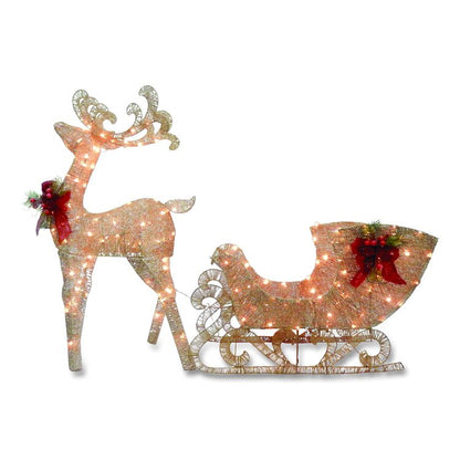 Champagne Reindeer Pulling Sleigh, AC Power, Warm White LED Lights, 13.5" x 24" x 48" Reindeer, 13.5" x 38.5" x 24" Sleigh