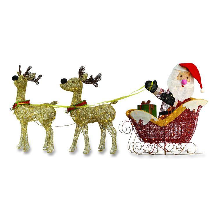 Santa and Reindeer, AC Powered, Warm White LED Lights, 11.25" x 30.75" x 33.5", Champagne