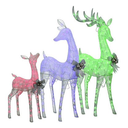 Mesh Glittered Deer Family, AC Powered, Blue/Green/Red/Yellow LED Lights, 27" x 8.5" x 60", White