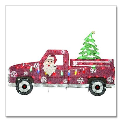 Pre-Lit Santa in Red Truck, AC Powered, Blue/Green/Red/Yellow LED Lights, 11" x 46" x 27", Red
