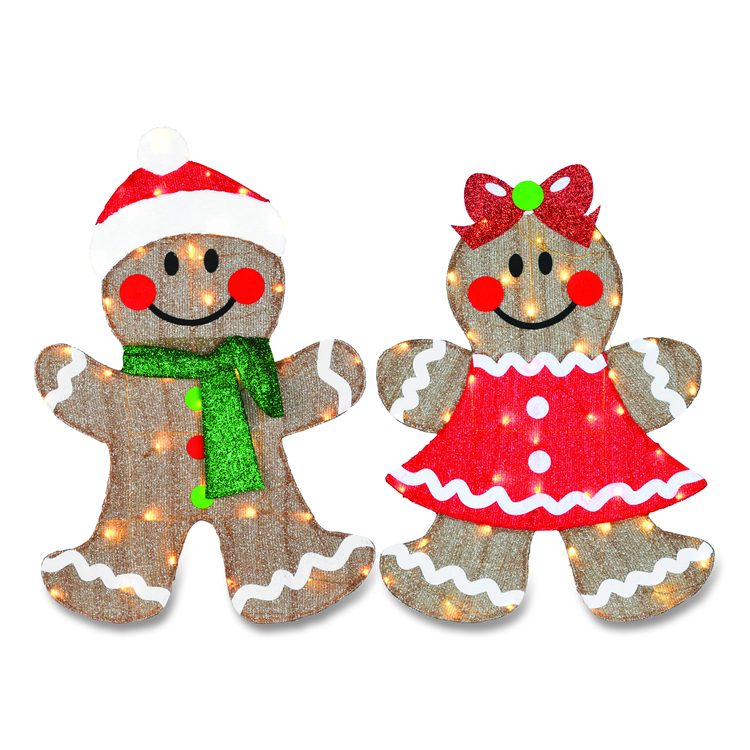 Pre-Lit Gingerbread Cookie Couple, AC Powered, Warm White LED Lights, 12" x 24" x 35", Assorted Colors