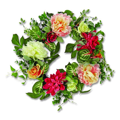 Mixed Garden Flowers Spring Wreath, 22" Diameter x 5"h, Pink
