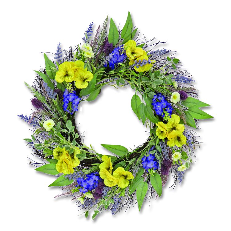 Pansy and Lavender Wreath, 22" Diameter x 4.5" h, Yellow