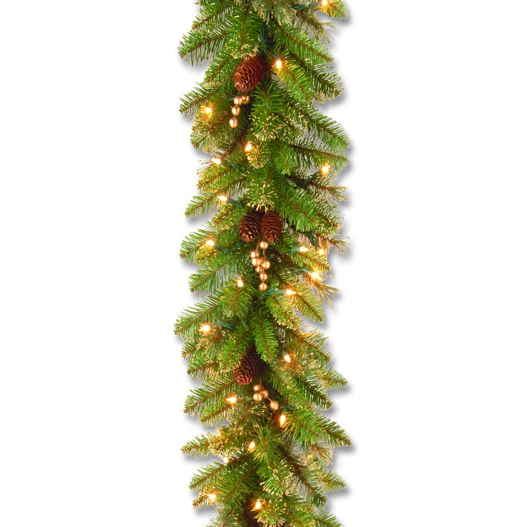 Pre-Lit Glittery Pine Gold Garland, AC Powered, Clear Incandescent Lights, 108" Long, Green