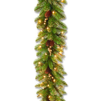 Pre-Lit Glittery Pine Gold Garland, AC Powered, Clear Incandescent Lights, 108" Long, Green