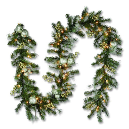 Pre-Lit Glittery Pine Pomegranate Garland, AC Powered, Clear Incandescent Lights, 108" Long, Green