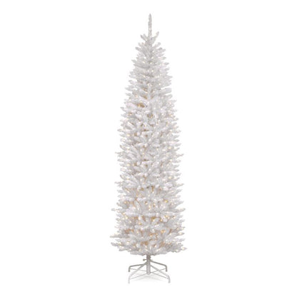 Pre-Lit Kingswood Fir Pencil Slim Tree, 35" x 35" x 108", White Tree, White Tree Stand
