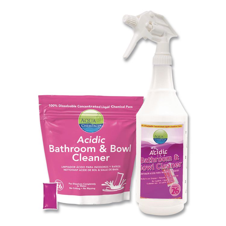 Aqua ChemPacs Acidic Bathroom and Bowl Cleaner, Lavender Scent, 4 g Packets, 12 ChemPacs/Bag with 1 qt Spray Bottle