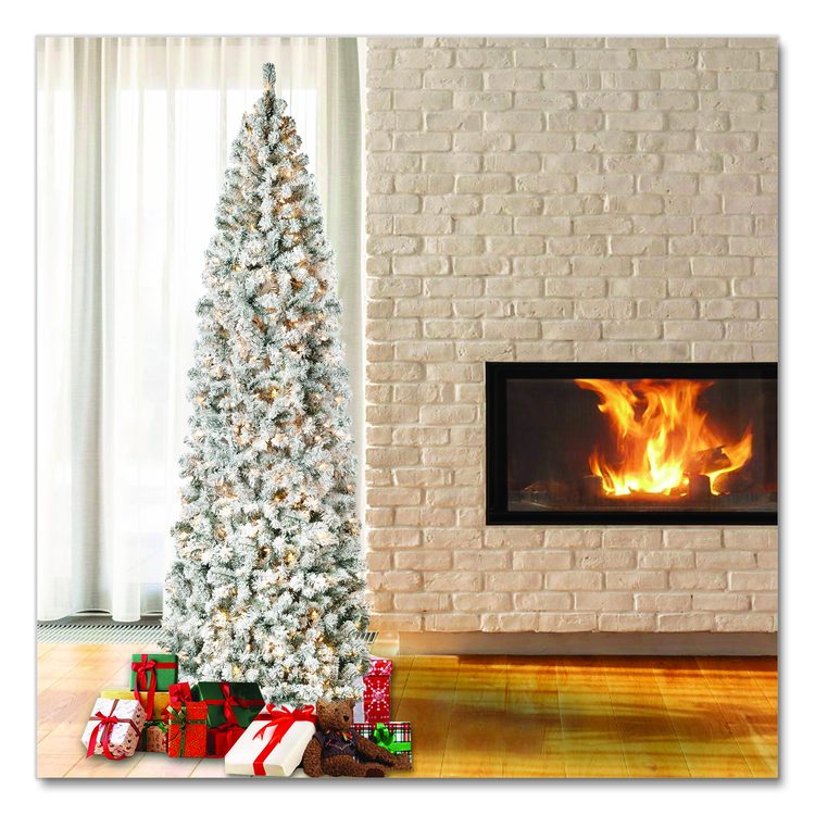 Pre-Lit Acacia Flocked Slim Tree, 35" x 35" x 108", Green Tree, Green Tree Stand