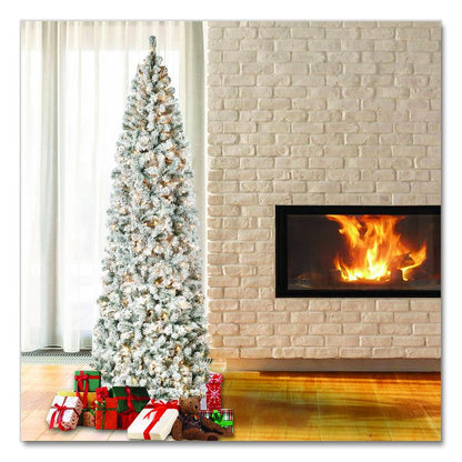 Pre-Lit Acacia Flocked Slim Tree, 35" x 35" x 108", Green Tree, Green Tree Stand