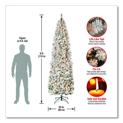 Pre-Lit Acacia Flocked Slim Tree, 35" x 35" x 108", Green Tree, Green Tree Stand