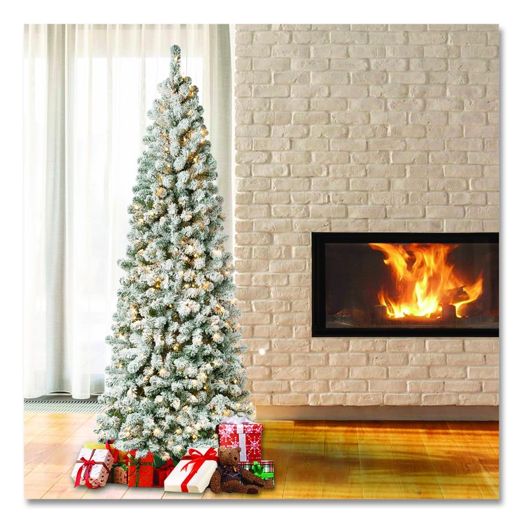 Pre-Lit Acacia Medium Flocked Tree, 34" x 34" x 89", Green Tree, Green Tree Stand