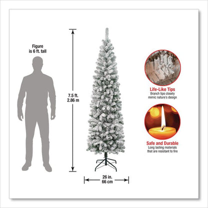 Acacia Pencil Slim Flocked Tree, 26" x 26" x 88.5", Green Tree, Green Tree Stand