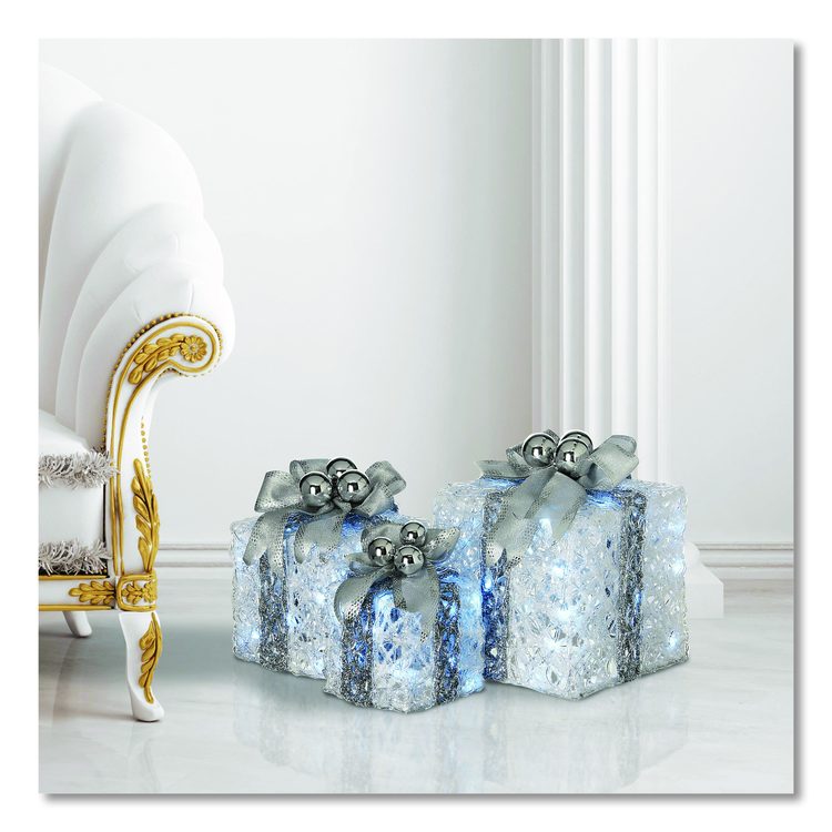 Pre-Lit Decorated White Gift Box Assortment, AC Powered, Cool White LED Lights, 8", 10", 12", White