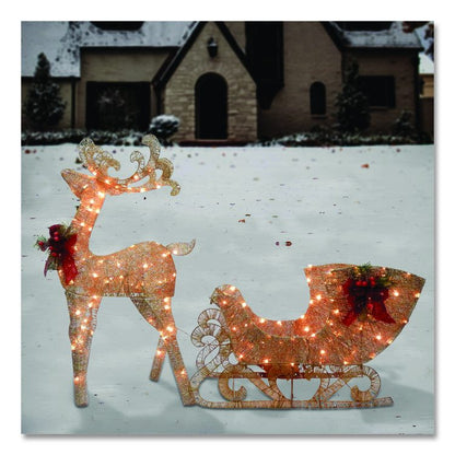 Champagne Reindeer Pulling Sleigh, AC Power, Warm White LED Lights, 13.5" x 24" x 48" Reindeer, 13.5" x 38.5" x 24" Sleigh