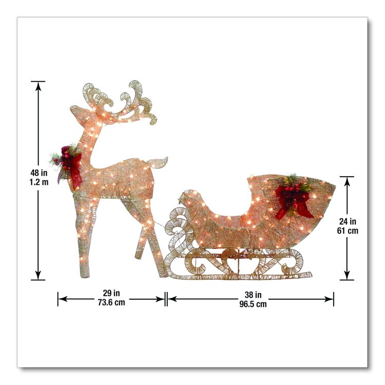 Champagne Reindeer Pulling Sleigh, AC Power, Warm White LED Lights, 13.5" x 24" x 48" Reindeer, 13.5" x 38.5" x 24" Sleigh
