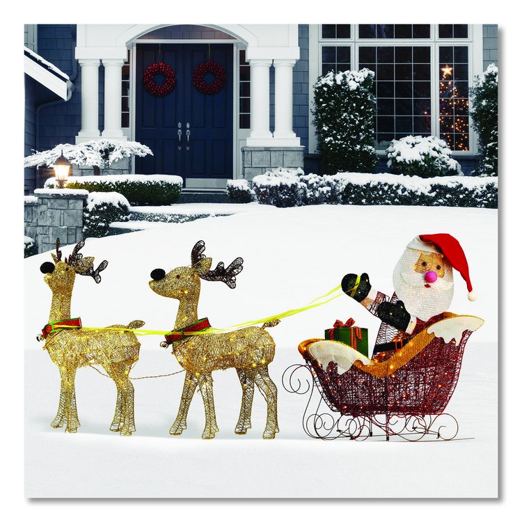 Santa and Reindeer, AC Powered, Warm White LED Lights, 11.25" x 30.75" x 33.5", Champagne