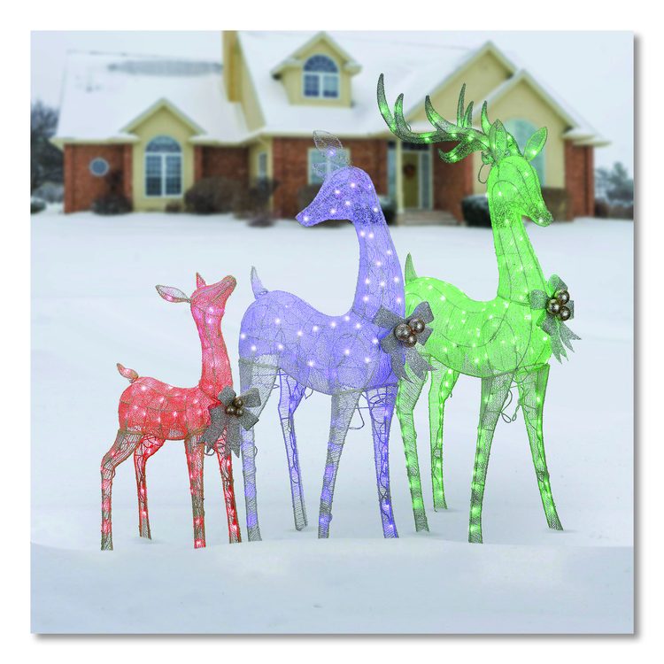 Mesh Glittered Deer Family, AC Powered, Blue/Green/Red/Yellow LED Lights, 27" x 8.5" x 60", White