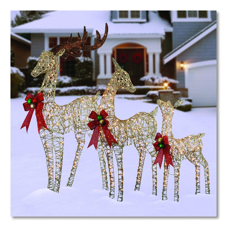 Champagne Glitter Deer Family, AC Powered, Warm White LED Lights, 27" x 8.5" x 60", Champagne