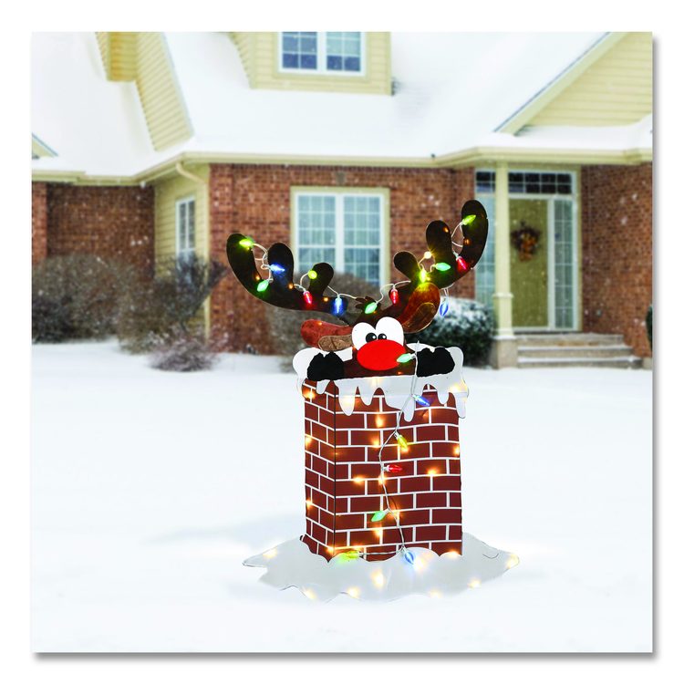 Pre-Lit Reindeer Stuck in Chimney Decoration, AC Powered, Blue/Green/Red/Yellow LED Lights, 12" x 33" x 47", Red