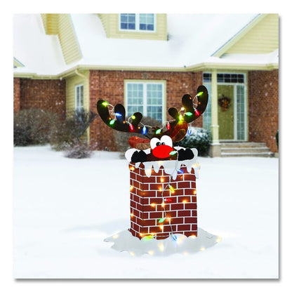 Pre-Lit Reindeer Stuck in Chimney Decoration, AC Powered, Blue/Green/Red/Yellow LED Lights, 12" x 33" x 47", Red