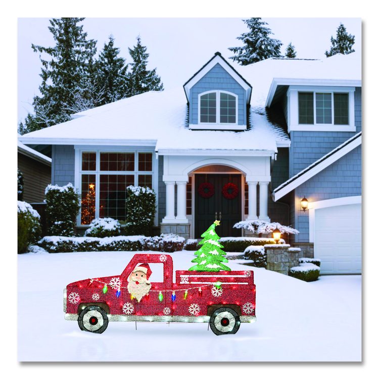 Pre-Lit Santa in Red Truck, AC Powered, Blue/Green/Red/Yellow LED Lights, 11" x 46" x 27", Red
