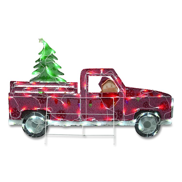 Pre-Lit Santa in Red Truck, AC Powered, Blue/Green/Red/Yellow LED Lights, 11" x 46" x 27", Red