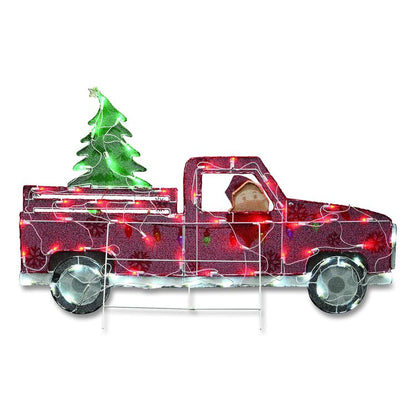 Pre-Lit Santa in Red Truck, AC Powered, Blue/Green/Red/Yellow LED Lights, 11" x 46" x 27", Red