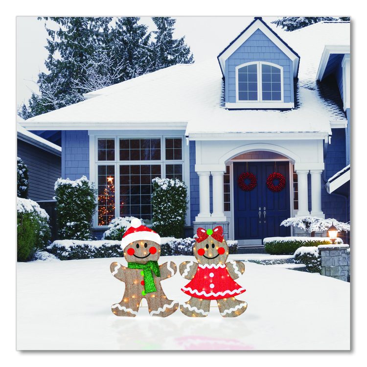 Pre-Lit Gingerbread Cookie Couple, AC Powered, Warm White LED Lights, 12" x 24" x 35", Assorted Colors