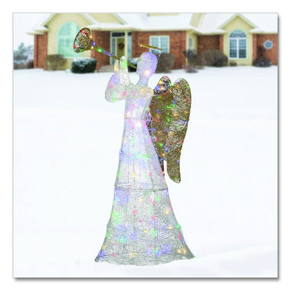 Trumpeting White Angel, AC Powered, Blue/Green/Red/Yellow LED Lights, 18" x 33" x 60", White