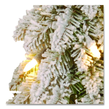 Pre-Lit Snowy Downswept Forest Slim Tree, 19" x 19" x 60", Green Tree, White Square Metal Plate