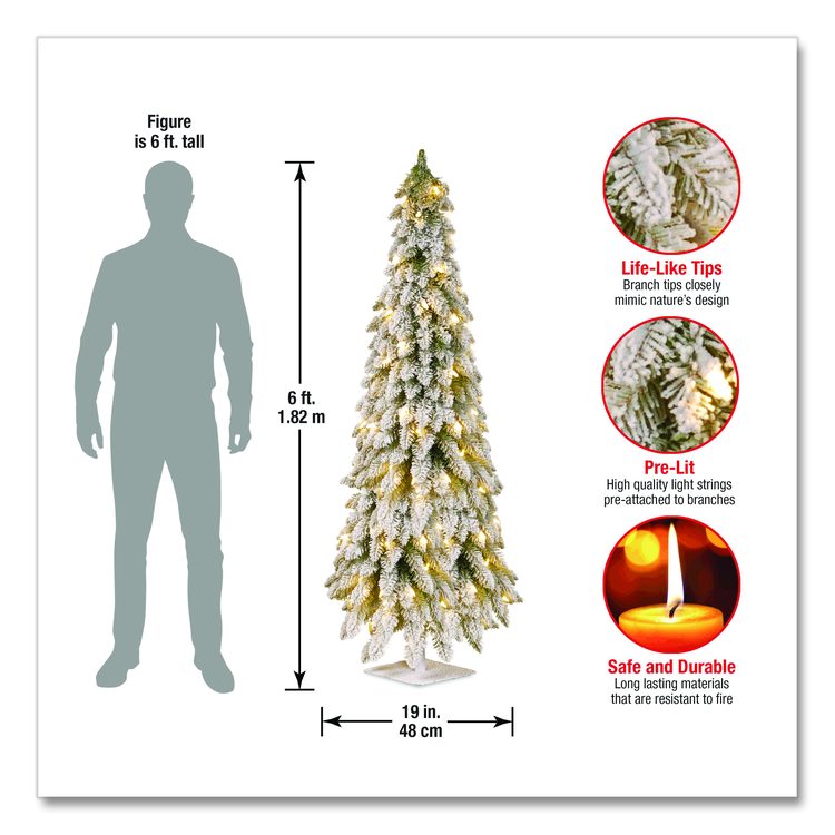 Pre-Lit Snowy Downswept Forest Slim Tree, 19" x 19" x 60", Green Tree, White Square Metal Plate