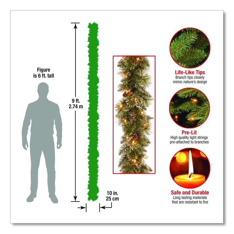 Pre-Lit Glittery Bristle Pine Garland, AC Powered, Clear Incandescent Lights, 108" Long, Green
