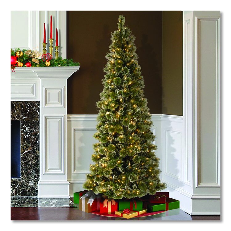 Pre-Lit Glittery Bristle Slim Tree, 42" x 42" x 90", Green Tree, Green Tree Stand