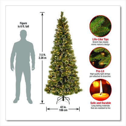 Pre-Lit Glittery Bristle Slim Tree, 42" x 42" x 90", Green Tree, Green Tree Stand