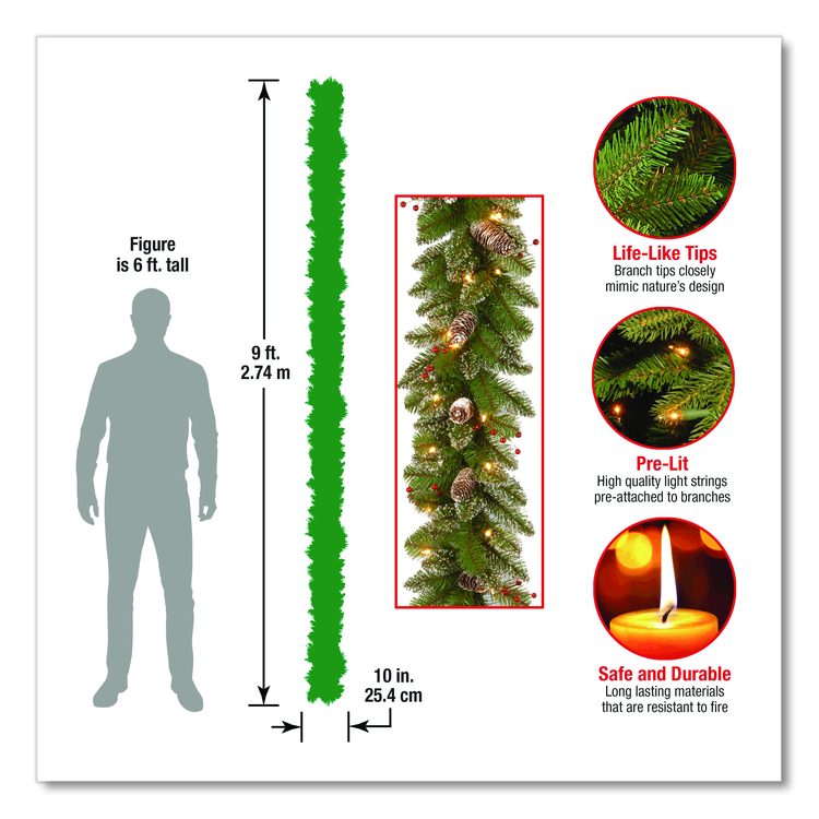Pre-Lit Glittery Mountain Spruce Garland, AC Powered, Clear Incandescent Lights, 108" Long, Green