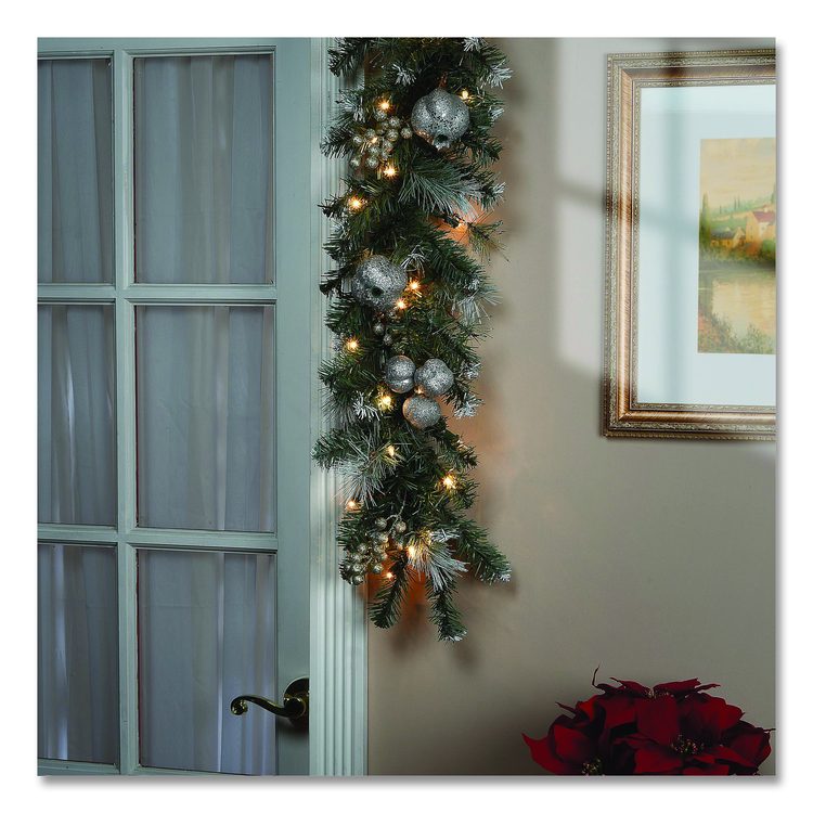 Pre-Lit Glittery Pine Pomegranate Garland, AC Powered, Clear Incandescent Lights, 108" Long, Green