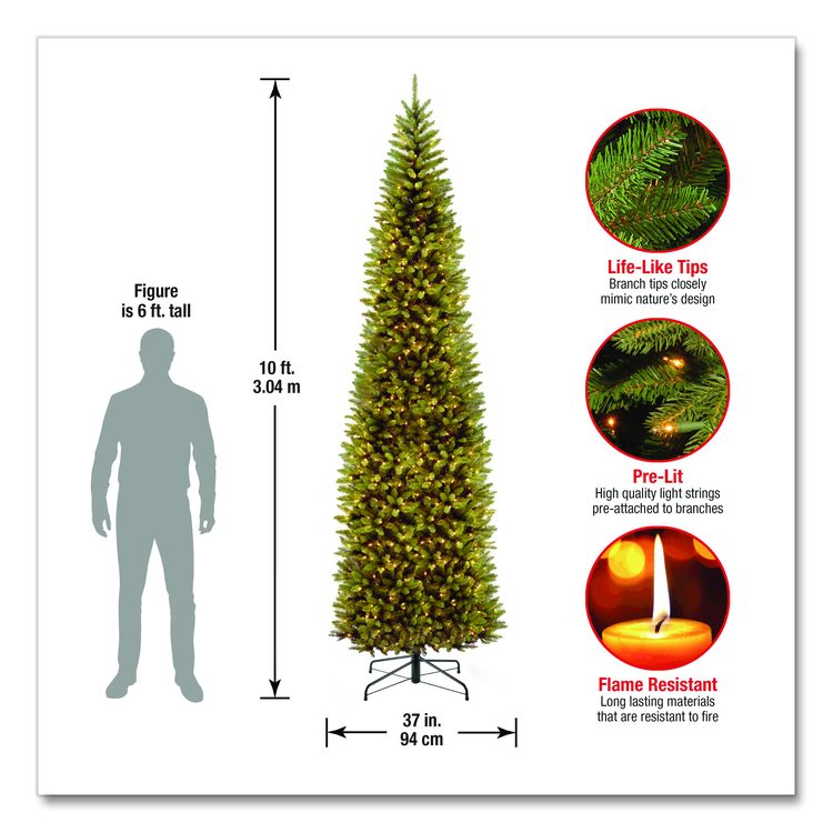 Pre-Lit Kingswood Fir Pencil Slim Tree, 37" x 37" x 120", Green Tree, Green Tree Stand