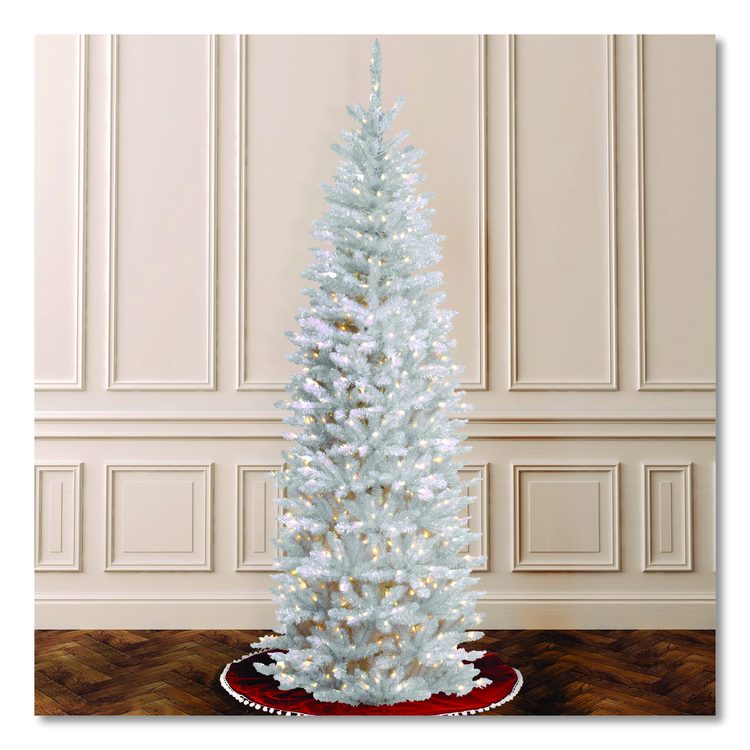 Pre-Lit Kingswood Fir Pencil Tree, 28" x 28" x 78", White Tree, White Tree Stand