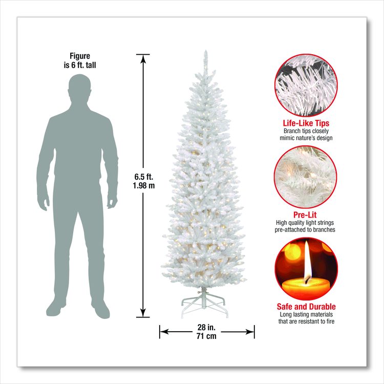 Pre-Lit Kingswood Fir Pencil Tree, 28" x 28" x 78", White Tree, White Tree Stand