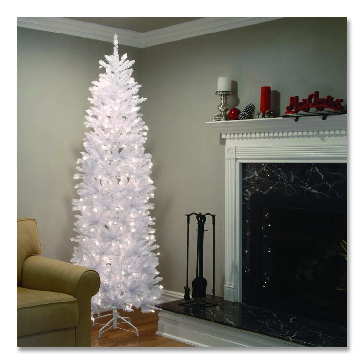 Pre-Lit Kingswood Fir Pencil Slim Tree, 35" x 35" x 108", White Tree, White Tree Stand