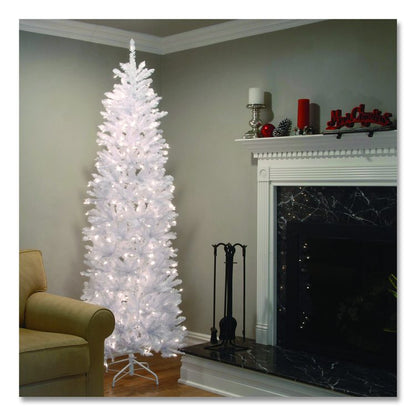 Pre-Lit Kingswood Fir Pencil Slim Tree, 35" x 35" x 108", White Tree, White Tree Stand