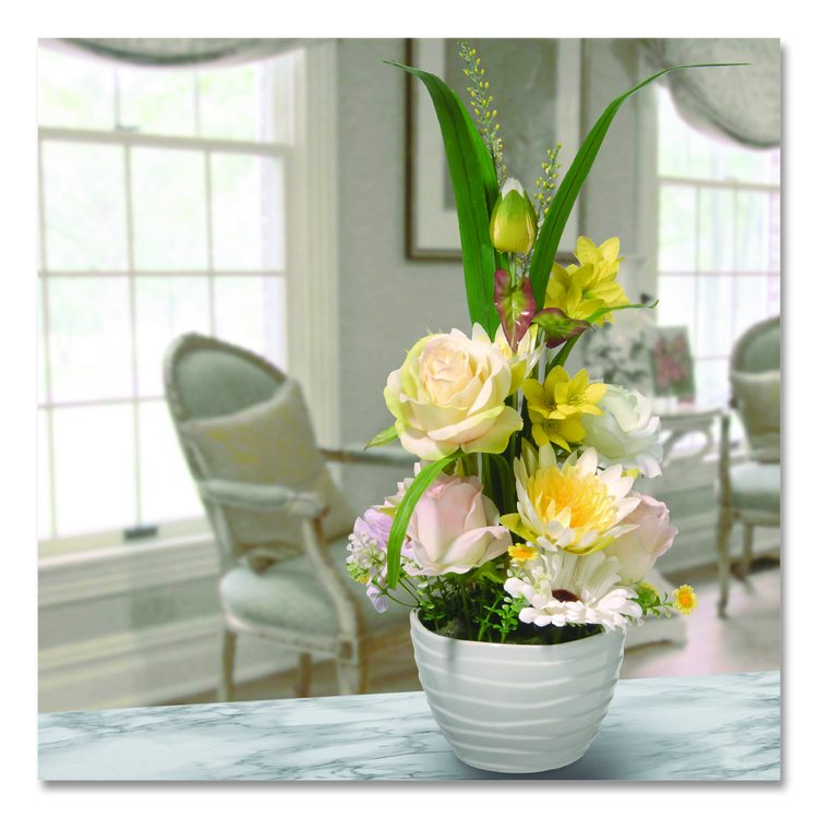 Spring White Daises and Roses Flowerpot, 9" x 9" x 17", White Flowers, White Pot