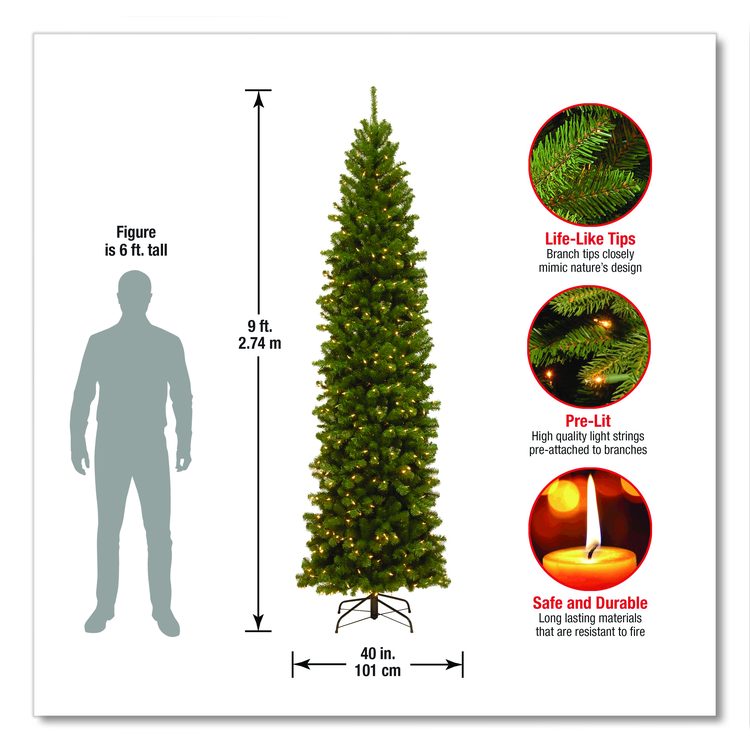 Pre-Lit North Valley Spruce Pencil Slim Tree, 40" x 40" x 108", Green Tree, Green Tree Stand