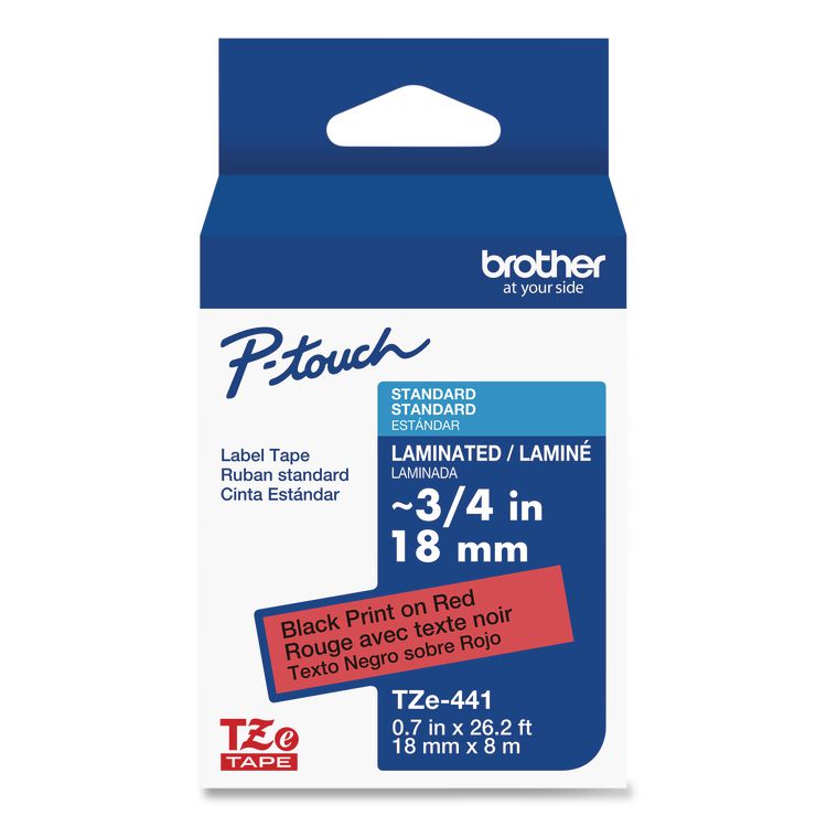 TZe Standard Adhesive Laminated Labeling Tape, 0.7" x 26.2 ft, Black on Red