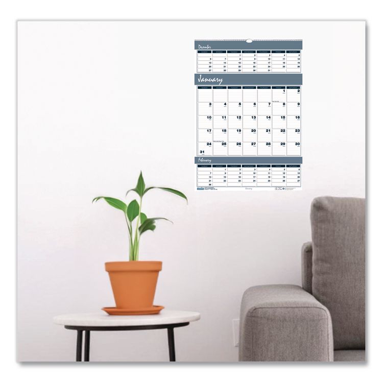 Bar Harbor Recycled Wirebound 3-Months-per-Page Wall Calendar, 12 x 17, White/Blue/Gray, 14-Month: Dec 2025 to Jan 2027