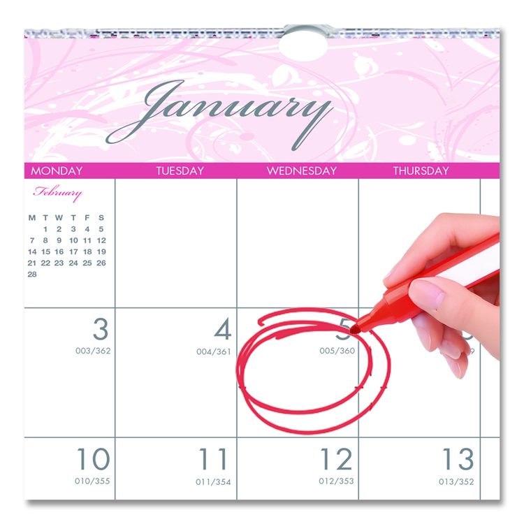 Recycled Monthly Wall Calendar, Breast Cancer Awareness Artwork, 12 x 12, White/Pink/Gray Sheets, 12-Month (Jan-Dec): 2026