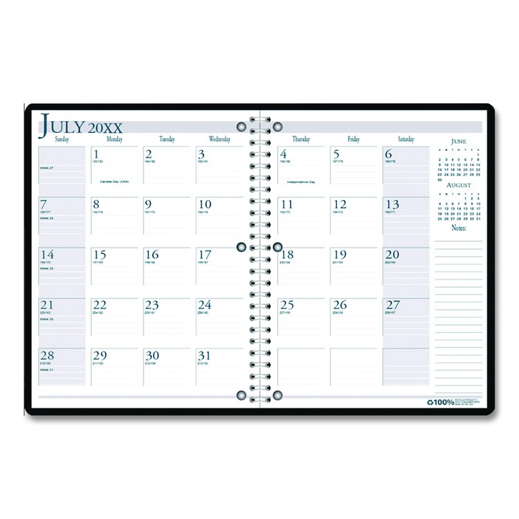 Recycled Three-Hole Punched Wirebound Academic Monthly Planner, 11 x 8.5, Black Cover, 14-Month: July 2025 to Aug 2026