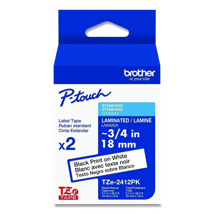TZe Standard Adhesive Laminated Labeling Tape, 0.7" x 26.2 ft, Black on White, 2/Pack