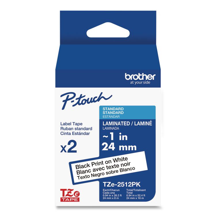 TZe Standard Adhesive Laminated Labeling Tape, 0.94" x 26.2 ft, Black on White, 2/Pack